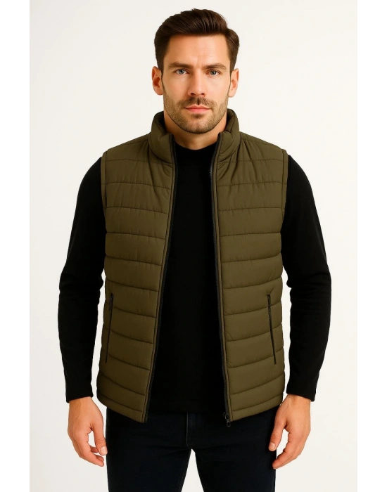 Erkek Şişme Fermuarlı Yelek Su itici Kapitone Astarlı Kumaş Cepli Hafif Kışlık Spor Rahat Kalıp - Haki