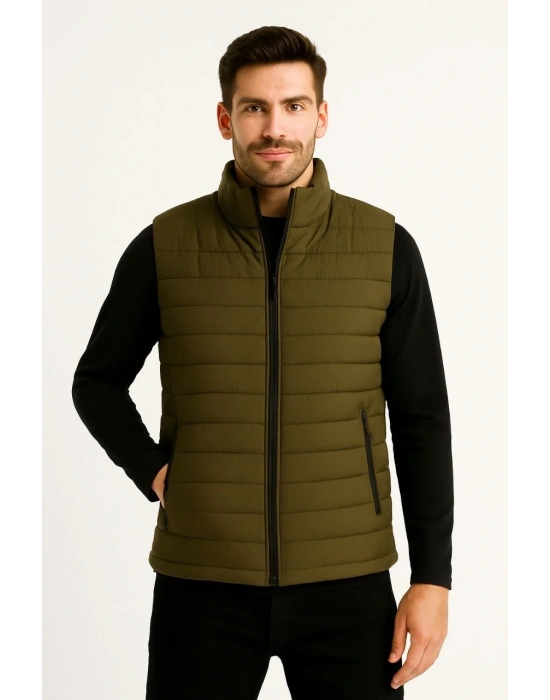 Erkek Şişme Fermuarlı Yelek Su itici Kapitone Astarlı Kumaş Cepli Hafif Kışlık Spor Rahat Kalıp - Haki