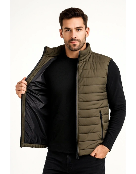 Erkek Şişme Fermuarlı Yelek Su itici Kapitone Astarlı Kumaş Cepli Hafif Kışlık Spor Rahat Kalıp - Haki