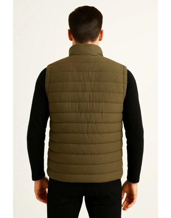 Erkek Şişme Fermuarlı Yelek Su itici Kapitone Astarlı Kumaş Cepli Hafif Kışlık Spor Rahat Kalıp - Haki