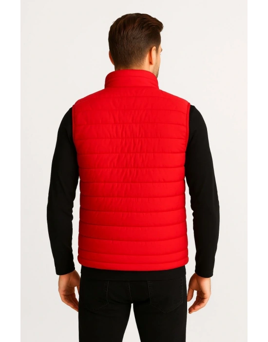 Erkek Şişme Fermuarlı Yelek Su itici Kapitone Astarlı Kumaş Cepli Hafif Kışlık Spor Rahat Kalıp - Kırmızı