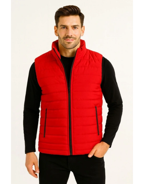 Erkek Şişme Fermuarlı Yelek Su itici Kapitone Astarlı Kumaş Cepli Hafif Kışlık Spor Rahat Kalıp - Kırmızı
