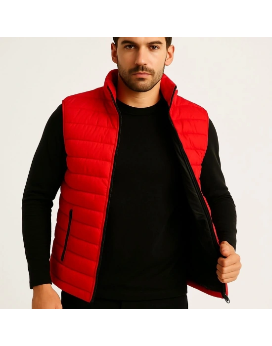 Erkek Şişme Fermuarlı Yelek Su itici Kapitone Astarlı Kumaş Cepli Hafif Kışlık Spor Rahat Kalıp - Kırmızı