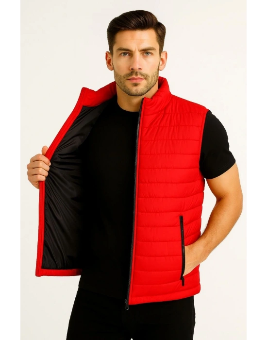 Erkek Şişme Fermuarlı Yelek Su itici Kapitone Astarlı Kumaş Cepli Hafif Kışlık Spor Rahat Kalıp - Kırmızı