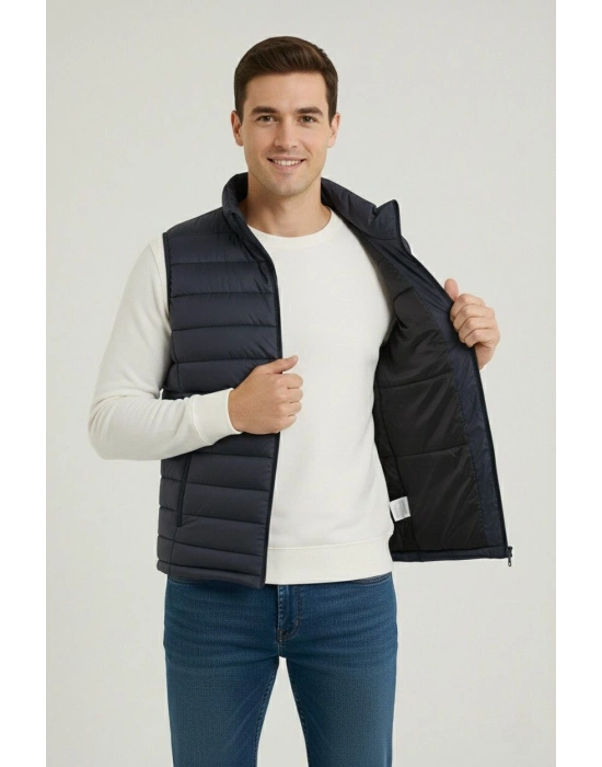 Erkek Şişme Fermuarlı Yelek Su itici Kapitone Astarlı Kumaş Cepli Hafif Kışlık Spor Rahat Kalıp - Lacivert