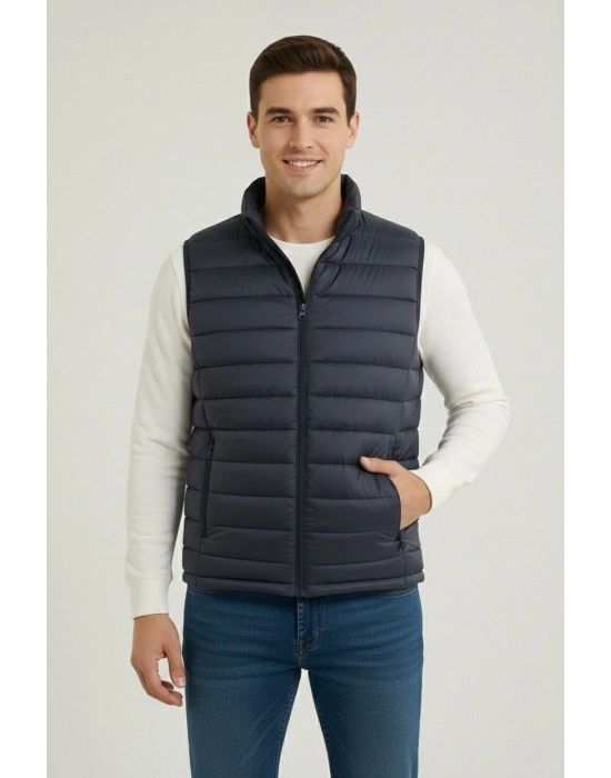 Erkek Şişme Fermuarlı Yelek Su itici Kapitone Astarlı Kumaş Cepli Hafif Kışlık Spor Rahat Kalıp - Lacivert