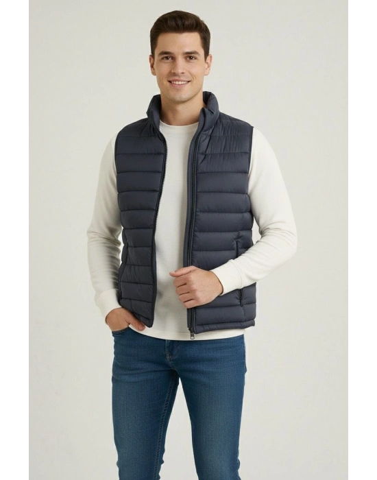 Erkek Şişme Fermuarlı Yelek Su itici Kapitone Astarlı Kumaş Cepli Hafif Kışlık Spor Rahat Kalıp - Lacivert