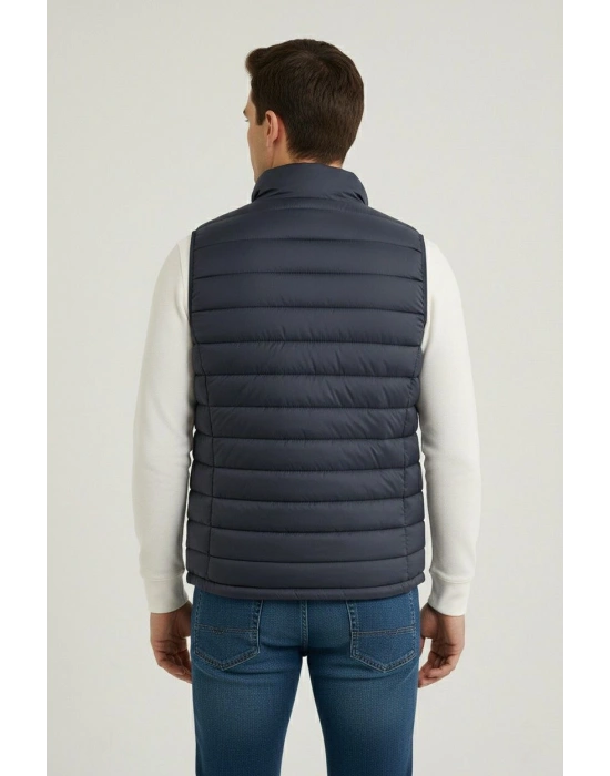 Erkek Şişme Fermuarlı Yelek Su itici Kapitone Astarlı Kumaş Cepli Hafif Kışlık Spor Rahat Kalıp - Lacivert