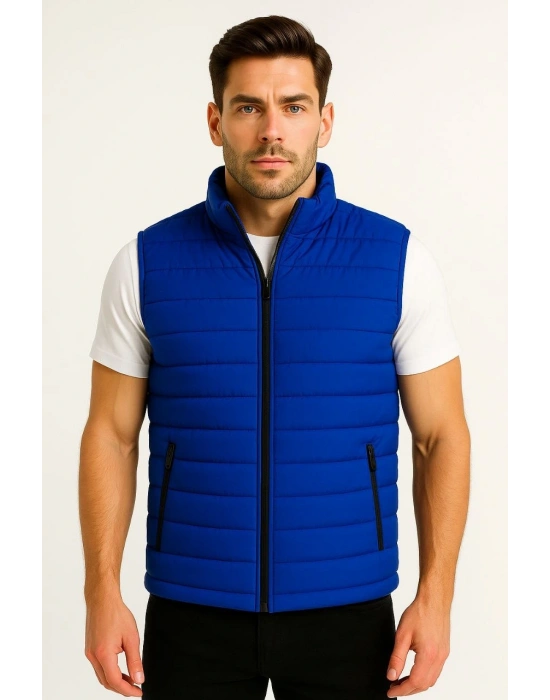 Erkek Şişme Fermuarlı Yelek Su itici Kapitone Astarlı Kumaş Cepli Hafif Kışlık Spor Rahat Kalıp - Saks Mavisi