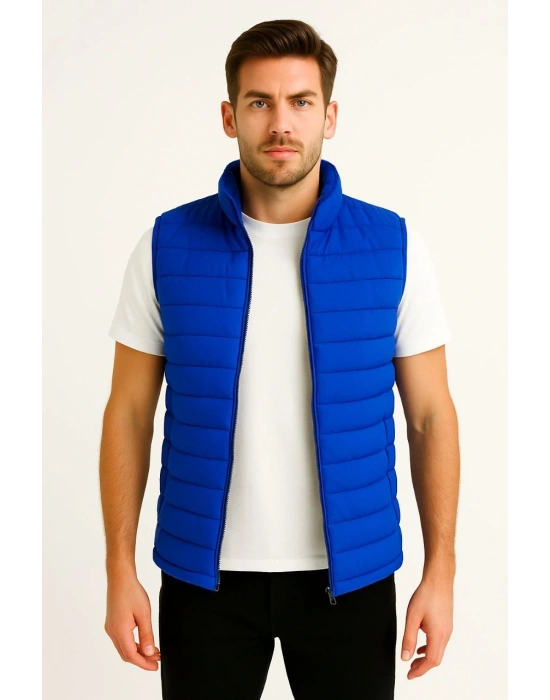 Erkek Şişme Fermuarlı Yelek Su itici Kapitone Astarlı Kumaş Cepli Hafif Kışlık Spor Rahat Kalıp - Saks Mavisi