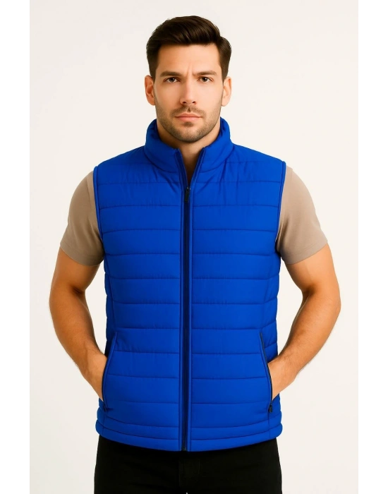 Erkek Şişme Fermuarlı Yelek Su itici Kapitone Astarlı Kumaş Cepli Hafif Kışlık Spor Rahat Kalıp - Saks Mavisi