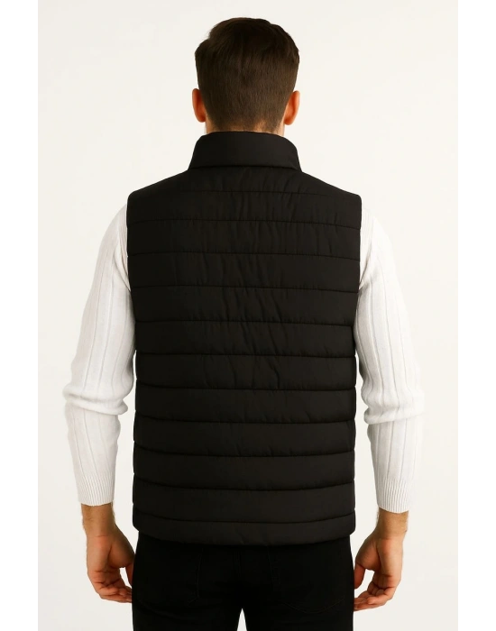 Erkek Şişme Fermuarlı Yelek Su itici Kapitone Astarlı Kumaş Cepli Hafif Kışlık Spor Rahat Kalıp - Siyah