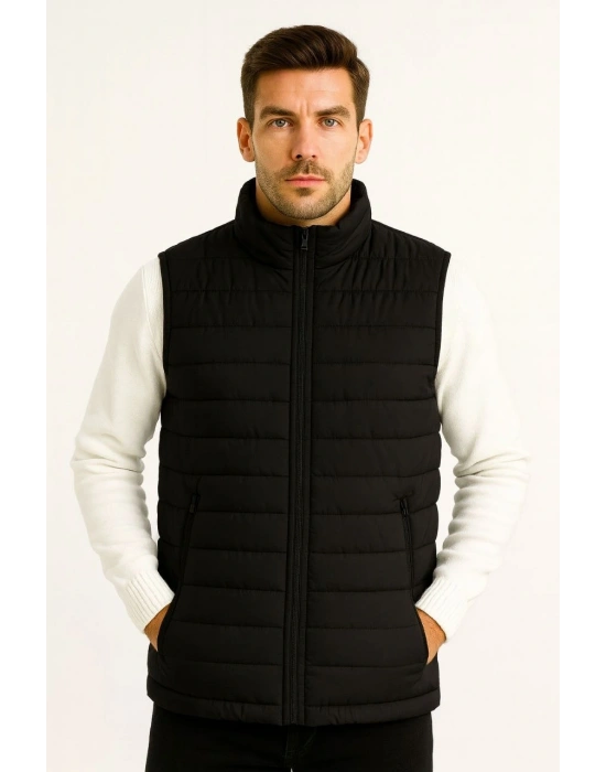 Erkek Şişme Fermuarlı Yelek Su itici Kapitone Astarlı Kumaş Cepli Hafif Kışlık Spor Rahat Kalıp - Siyah