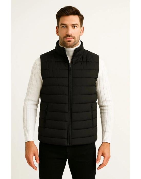 Erkek Şişme Fermuarlı Yelek Su itici Kapitone Astarlı Kumaş Cepli Hafif Kışlık Spor Rahat Kalıp - Siyah