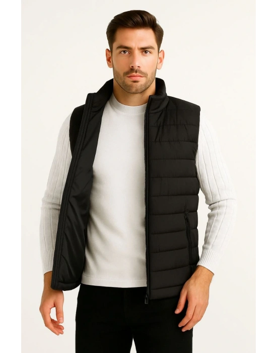 Erkek Şişme Fermuarlı Yelek Su itici Kapitone Astarlı Kumaş Cepli Hafif Kışlık Spor Rahat Kalıp - Siyah