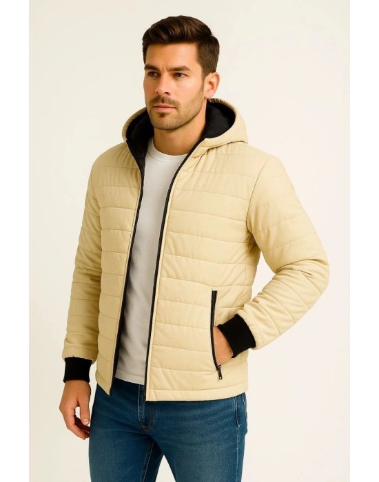 Erkek Şişme Kapüşonlu Fermuarlı Mont Su itici Kapitone Astarlı Kumaş Cepli Kışlık Rahat Kalıp - Bej