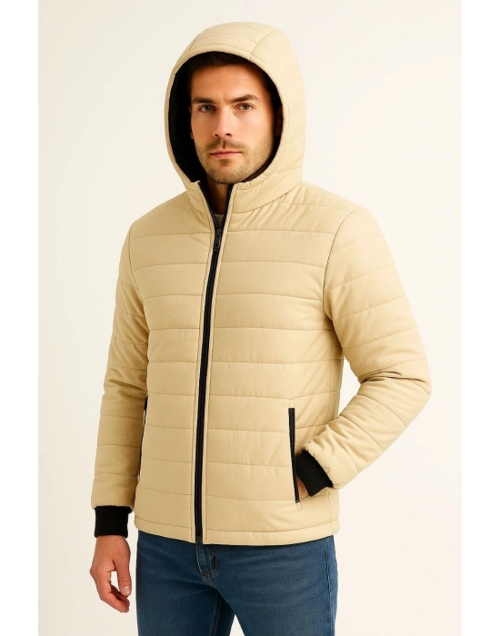 Erkek Şişme Kapüşonlu Fermuarlı Mont Su itici Kapitone Astarlı Kumaş Cepli Kışlık Rahat Kalıp - Bej