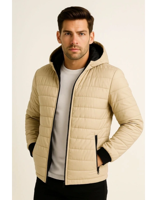 Erkek Şişme Kapüşonlu Fermuarlı Mont Su itici Kapitone Astarlı Kumaş Cepli Kışlık Rahat Kalıp - Bej