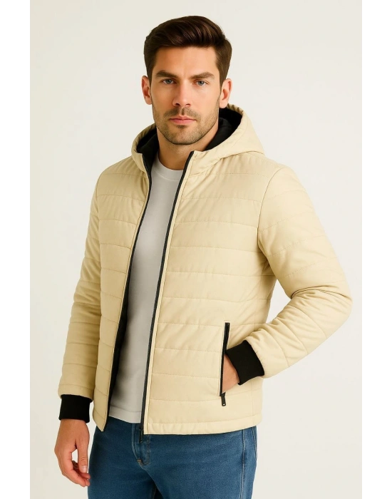 Erkek Şişme Kapüşonlu Fermuarlı Mont Su itici Kapitone Astarlı Kumaş Cepli Kışlık Rahat Kalıp - Bej