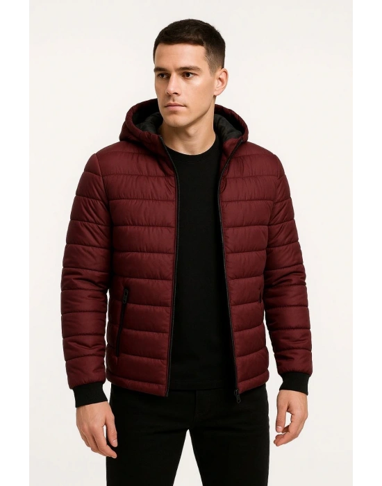 Erkek Şişme Kapüşonlu Fermuarlı Mont Su itici Kapitone Astarlı Kumaş Cepli Kışlık Rahat Kalıp - Bordo