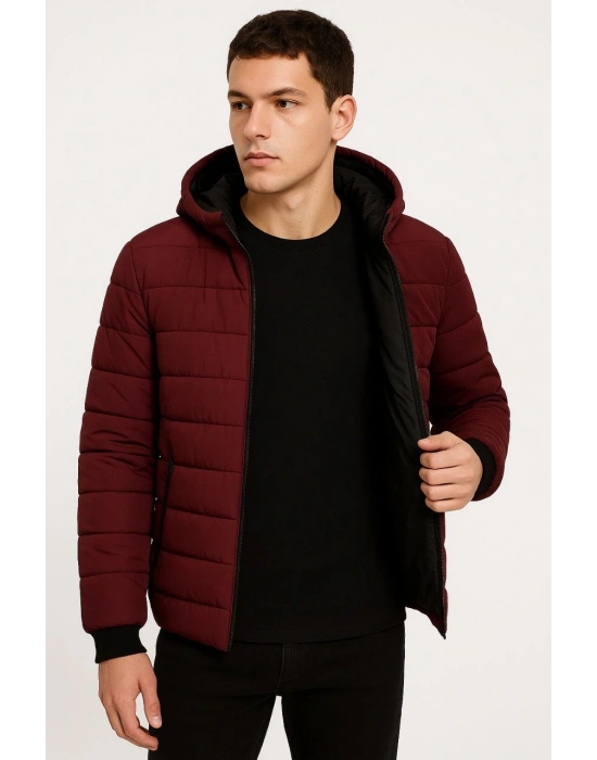 Erkek Şişme Kapüşonlu Fermuarlı Mont Su itici Kapitone Astarlı Kumaş Cepli Kışlık Rahat Kalıp - Bordo