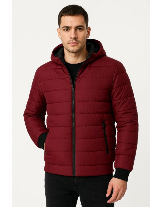 Erkek Şişme Kapüşonlu Fermuarlı Mont Su itici Kapitone Astarlı Kumaş Cepli Kışlık Rahat Kalıp - Bordo
