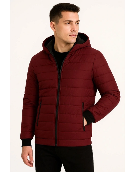 Erkek Şişme Kapüşonlu Fermuarlı Mont Su itici Kapitone Astarlı Kumaş Cepli Kışlık Rahat Kalıp - Bordo