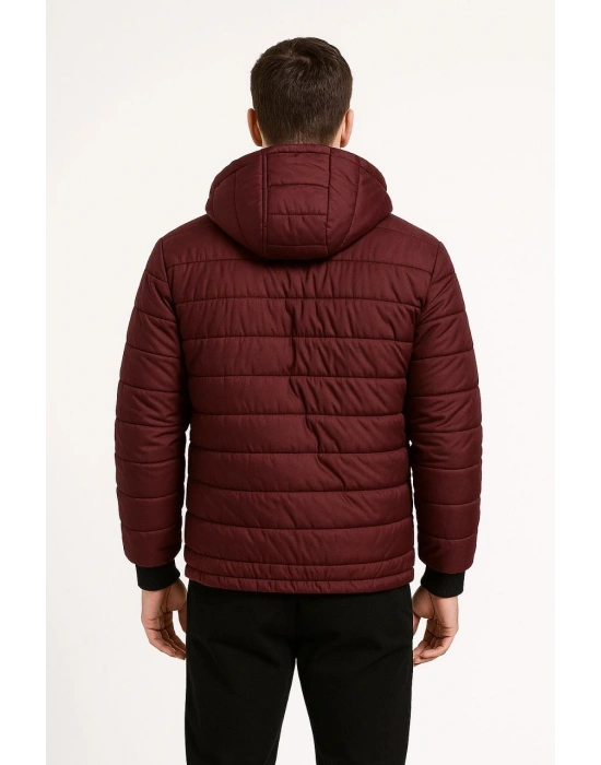 Erkek Şişme Kapüşonlu Fermuarlı Mont Su itici Kapitone Astarlı Kumaş Cepli Kışlık Rahat Kalıp - Bordo
