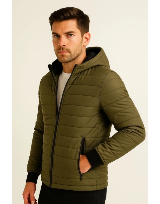 Erkek Şişme Kapüşonlu Fermuarlı Mont Su itici Kapitone Astarlı Kumaş Cepli Kışlık Rahat Kalıp - Haki