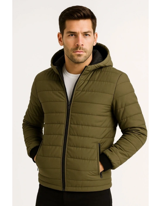 Erkek Şişme Kapüşonlu Fermuarlı Mont Su itici Kapitone Astarlı Kumaş Cepli Kışlık Rahat Kalıp - Haki