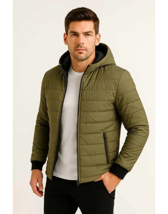 Erkek Şişme Kapüşonlu Fermuarlı Mont Su itici Kapitone Astarlı Kumaş Cepli Kışlık Rahat Kalıp - Haki