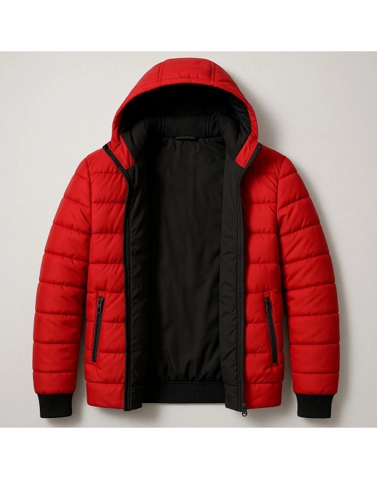 Erkek Şişme Kapüşonlu Fermuarlı Mont Su itici Kapitone Astarlı Kumaş Cepli Kışlık Rahat Kalıp - Kırmızı