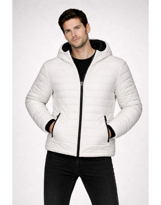 Erkek Şişme Kapüşonlu Fermuarlı Mont Su itici Kapitone Astarlı Kumaş Cepli Kışlık Rahat Kalıp - Krem