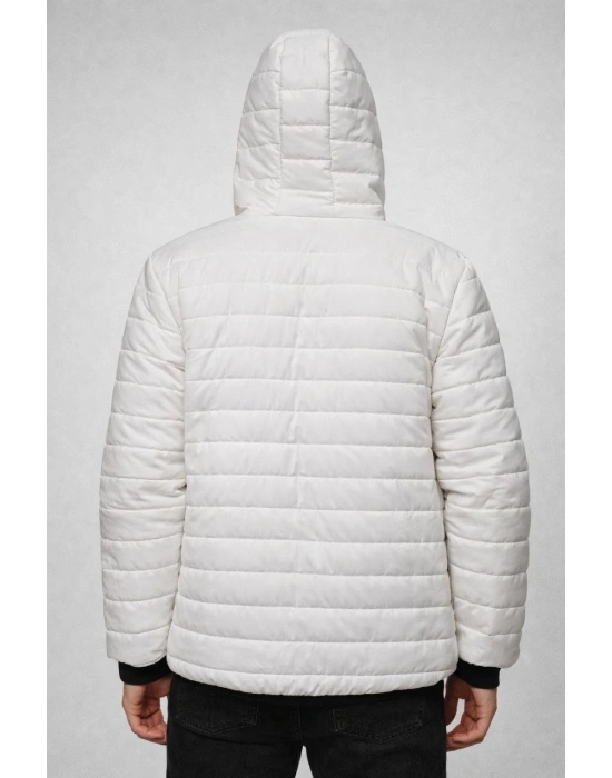 Erkek Şişme Kapüşonlu Fermuarlı Mont Su itici Kapitone Astarlı Kumaş Cepli Kışlık Rahat Kalıp - Krem