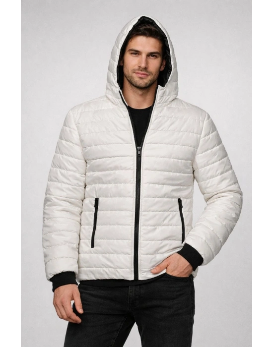 Erkek Şişme Kapüşonlu Fermuarlı Mont Su itici Kapitone Astarlı Kumaş Cepli Kışlık Rahat Kalıp - Krem