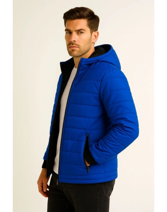 Erkek Şişme Kapüşonlu Fermuarlı Mont Su itici Kapitone Astarlı Kumaş Cepli Kışlık Rahat Kalıp - Saks Mavisi