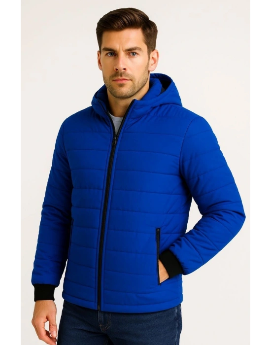 Erkek Şişme Kapüşonlu Fermuarlı Mont Su itici Kapitone Astarlı Kumaş Cepli Kışlık Rahat Kalıp - Saks Mavisi