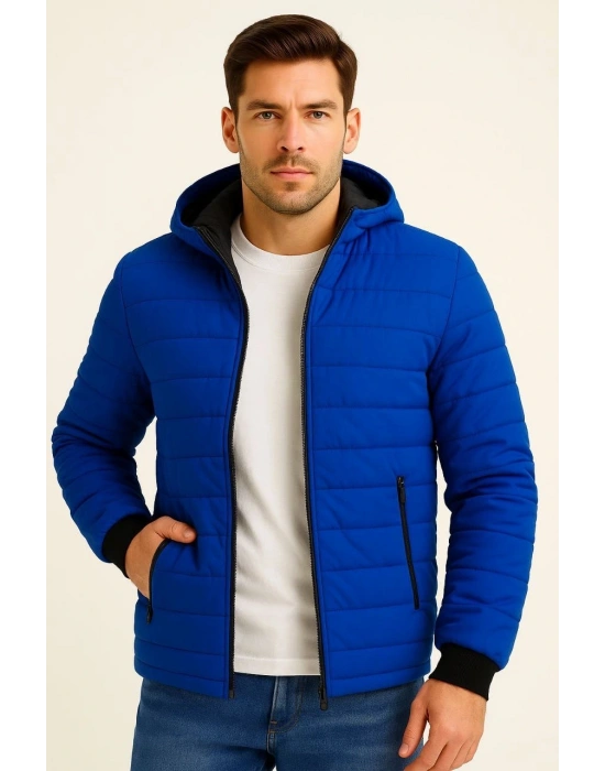 Erkek Şişme Kapüşonlu Fermuarlı Mont Su itici Kapitone Astarlı Kumaş Cepli Kışlık Rahat Kalıp - Saks Mavisi