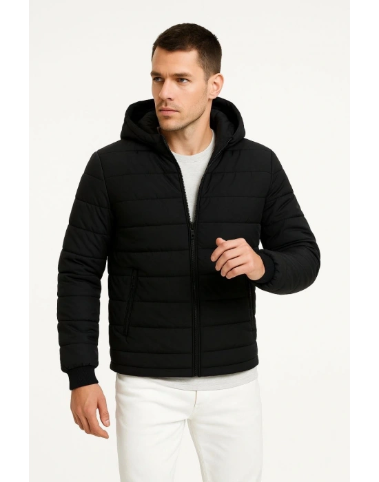 Erkek Şişme Kapüşonlu Fermuarlı Mont Su itici Kapitone Astarlı Kumaş Cepli Kışlık Rahat Kalıp - Siyah