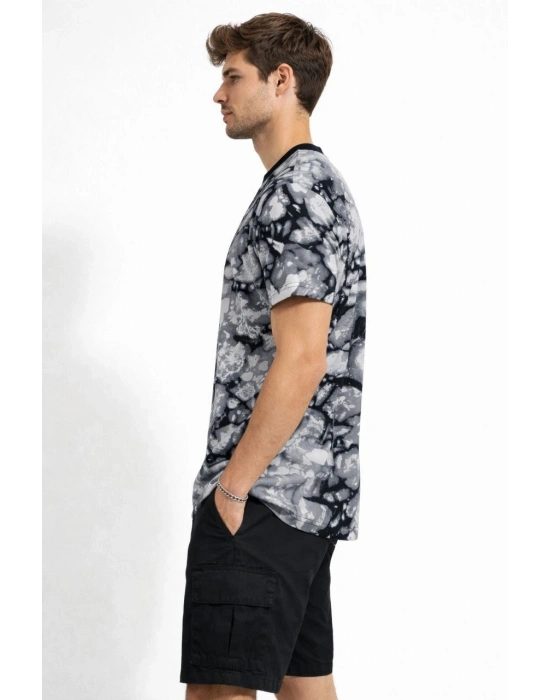 Erkek Siyah Gri Taş Desenli Tişört – Regular Fit, Bisiklet Yaka, Dijital Baskılı Modern Tasarım T-Shirt - Siyah