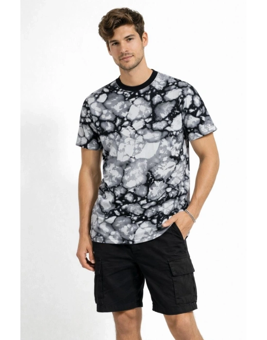 Erkek Siyah Gri Taş Desenli Tişört – Regular Fit, Bisiklet Yaka, Dijital Baskılı Modern Tasarım T-Shirt - Siyah