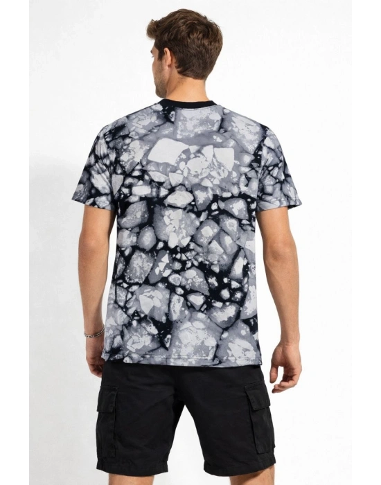 Erkek Siyah Gri Taş Desenli Tişört – Regular Fit, Bisiklet Yaka, Dijital Baskılı Modern Tasarım T-Shirt - Siyah