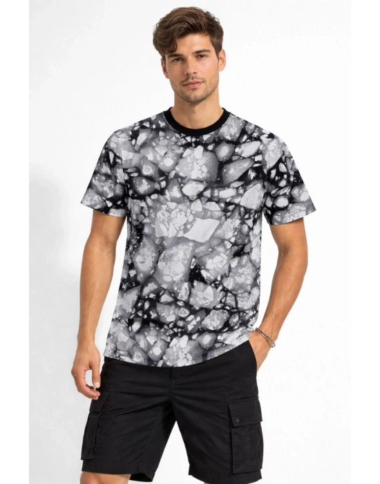 Erkek Siyah Gri Taş Desenli Tişört – Regular Fit, Bisiklet Yaka, Dijital Baskılı Modern Tasarım T-Shirt - Siyah