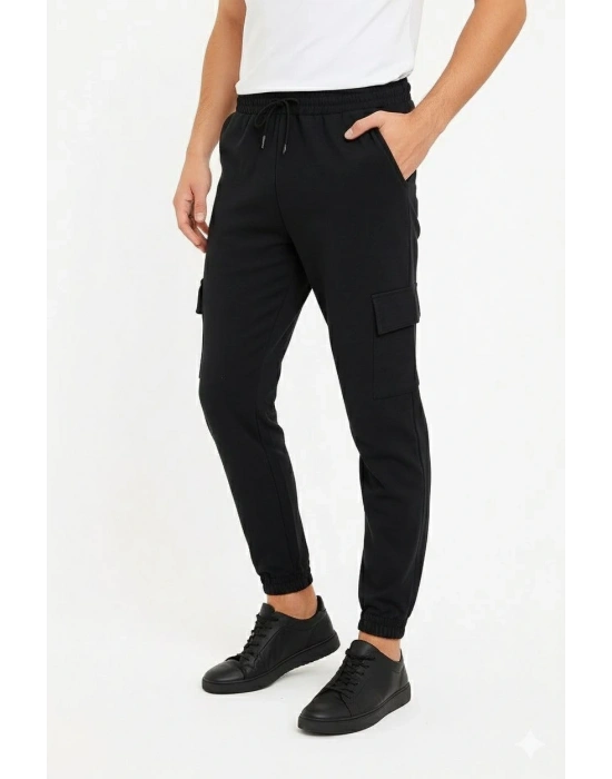 Erkek Siyah Jogger Eşofman Altı Rahat Kalıp, Kargo Cepli, Lastikli Paça, Günlük Spor Pantolon - Siyah