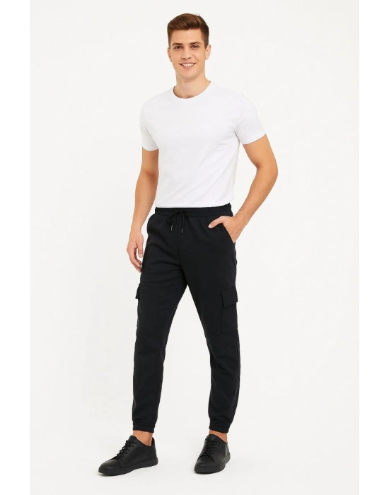 Erkek Siyah Jogger Eşofman Altı Rahat Kalıp, Kargo Cepli, Lastikli Paça, Günlük Spor Pantolon - Siyah