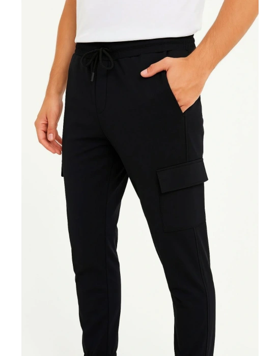 Erkek Siyah Jogger Eşofman Altı Rahat Kalıp, Kargo Cepli, Lastikli Paça, Günlük Spor Pantolon - Siyah