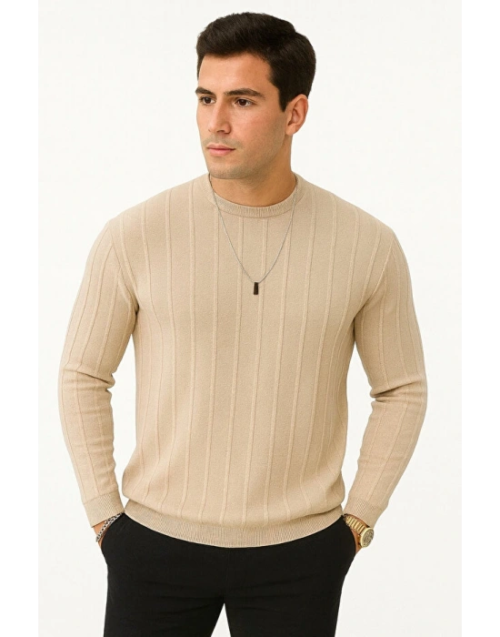 Erkek Slim Fit Dar Kesim Bisiklet Yaka Basic Şeritli Triko Kazak