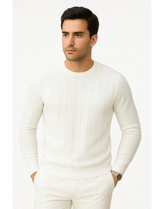 Erkek Slim Fit Dar Kesim Bisiklet Yaka Basic Şeritli Triko Kazak