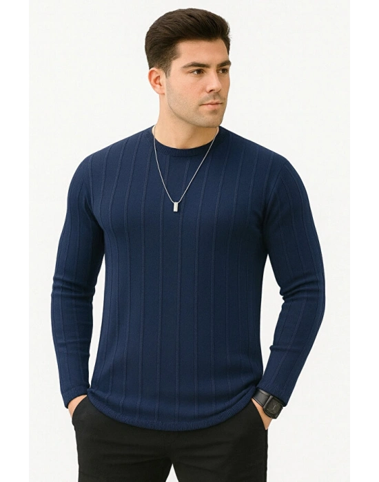 Erkek Slim Fit Dar Kesim Bisiklet Yaka Basic Şeritli Triko Kazak