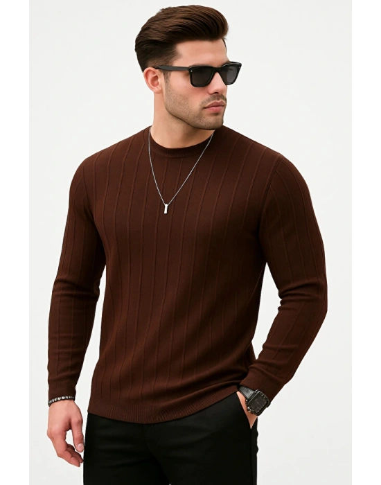 Erkek Slim Fit Dar Kesim Bisiklet Yaka Basic Şeritli Triko Kazak